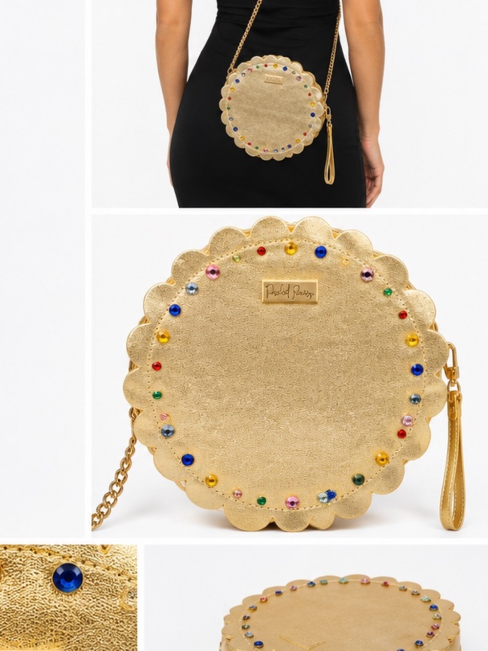 Packed Party Gold Scalloped Crossbody Bag with Colorful Rhinestones
New no tag